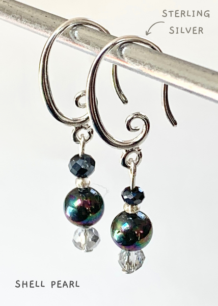 Sterling Silver and Black Shell Pearl Earrings