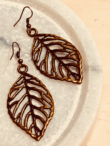 Bronze Leaf Line Earrings (Large) - Free Shipping