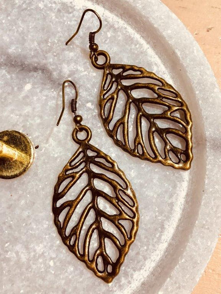 Bronze Leaf Line Earrings (Large) - Free Shipping