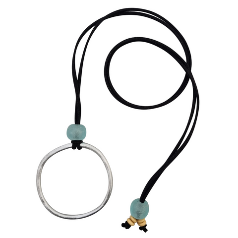Circle Black Glass Aqua Necklace