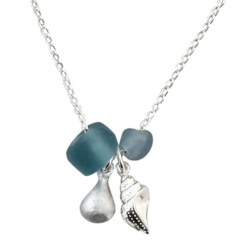Aqua Glass Shell Charm Necklace on Sterling Silver Chain