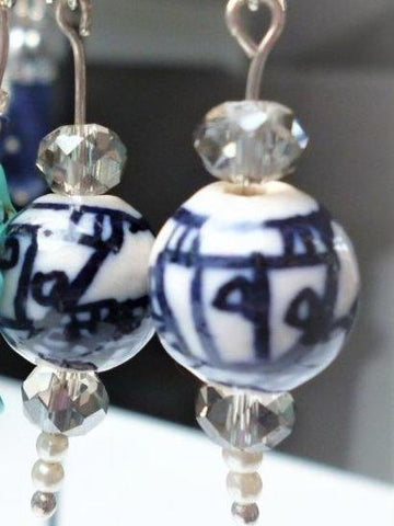 Sterling Silver and Antique White Ceramic Orb Earrings - Free Shipping