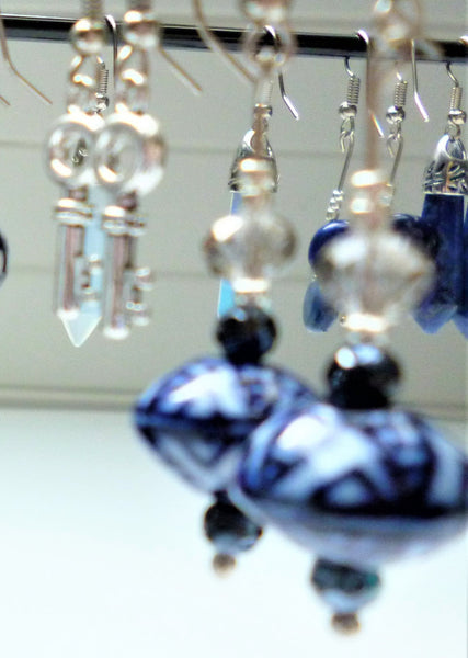 Sterling Silver with Japanese Style Ceramic Blue Lantern Earrings - Free Shipping