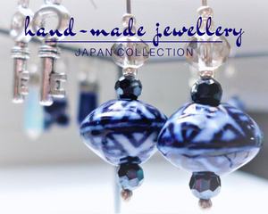 Sterling silver earrings with ceramic Japanese lantern shaped beads in blue and white pattern with cut glass beads antique style earrings