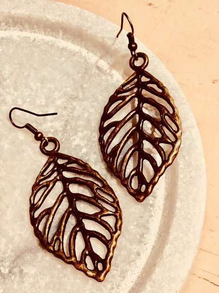 Bronze Leaf Line Earrings (Large) - Free Shipping