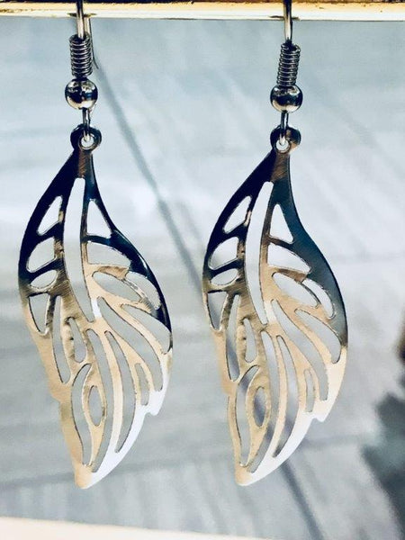 Silver Cut Leaf Earrings - Free Shipping