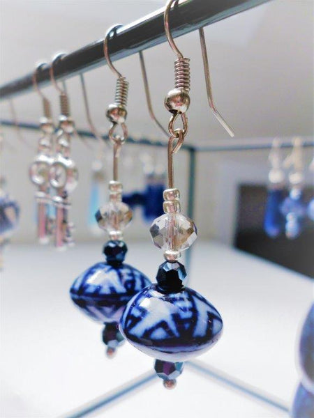 Sterling Silver with Japanese Style Ceramic Blue Lantern Earrings - Free Shipping