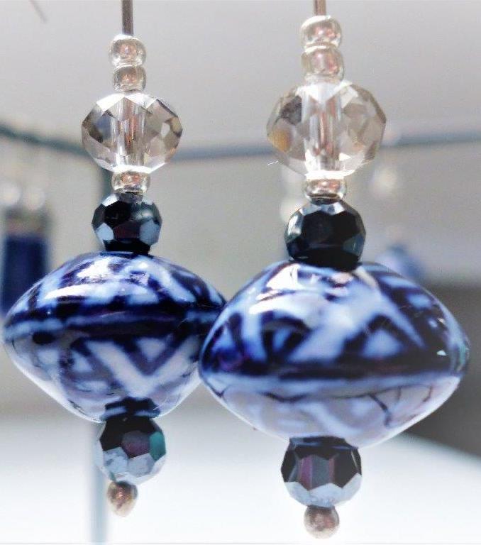 Sterling Silver with Japanese Style Ceramic Blue Lantern Earrings - Free Shipping